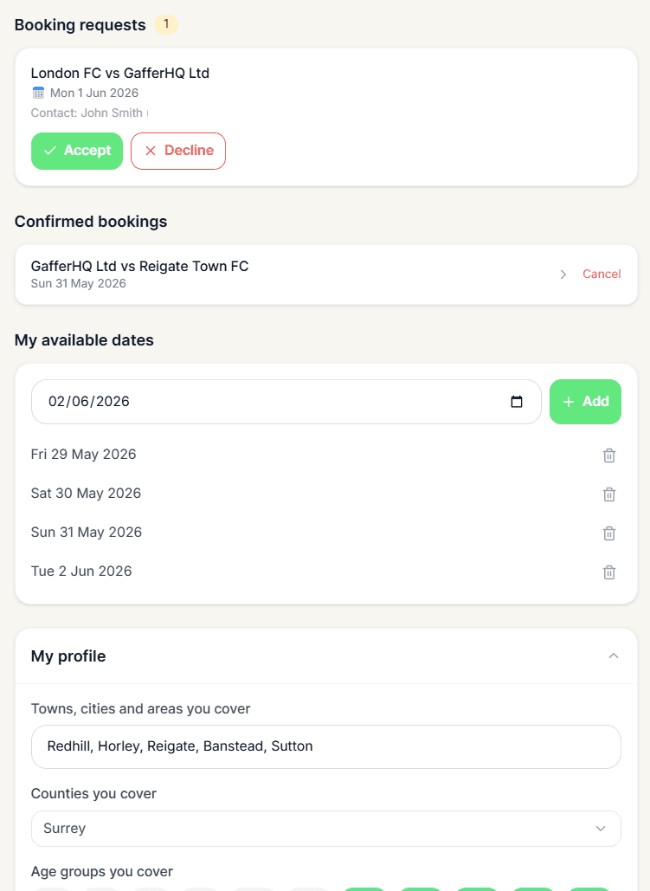 Referee dashboard with booking requests and confirmed bookings