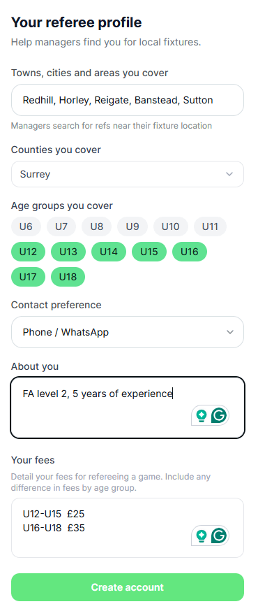 Referee profile form