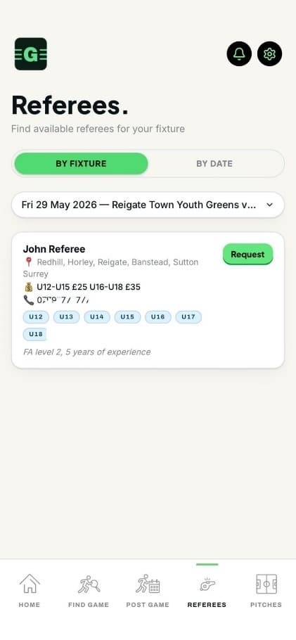 Referees screen showing a referee available for a fixture