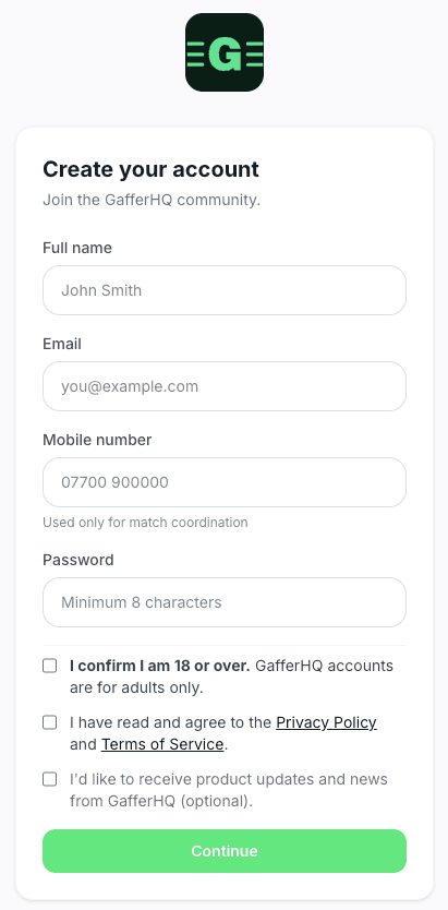 GafferHQ sign-up screen with Referee toggle